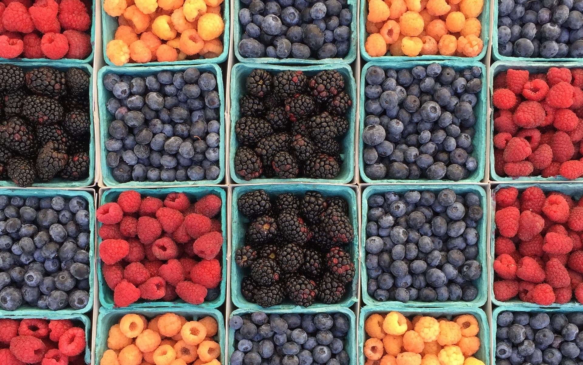 assortment of berries in green containers
