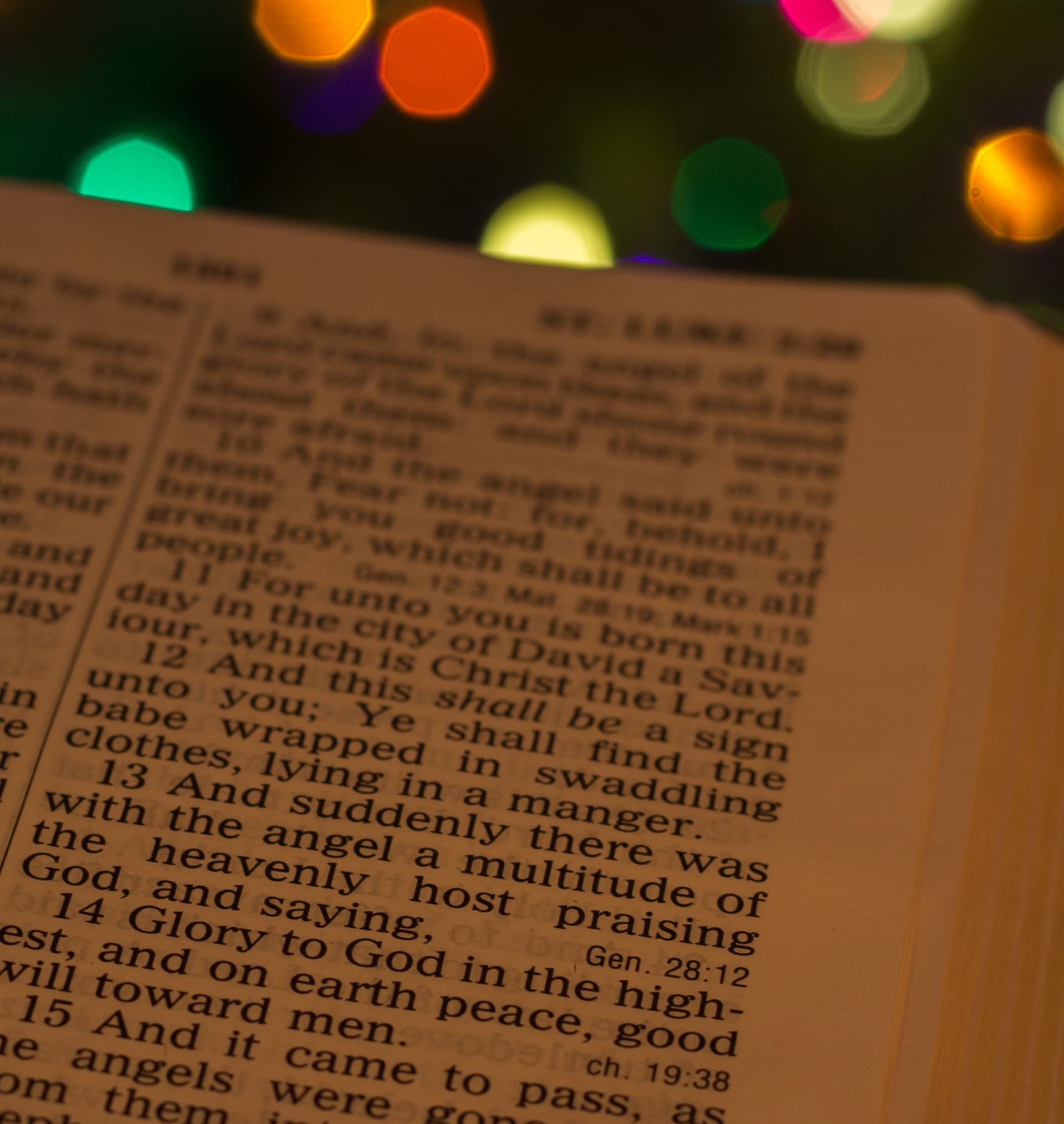 luke 2 in a dim room with multicolored christmas lights in the background