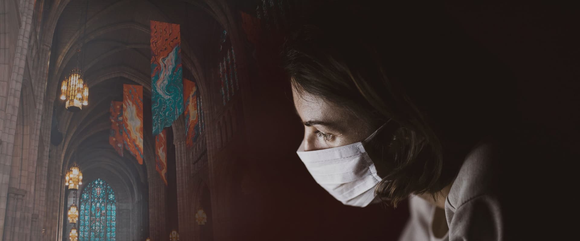 blended image of chapel and women wearing a mask