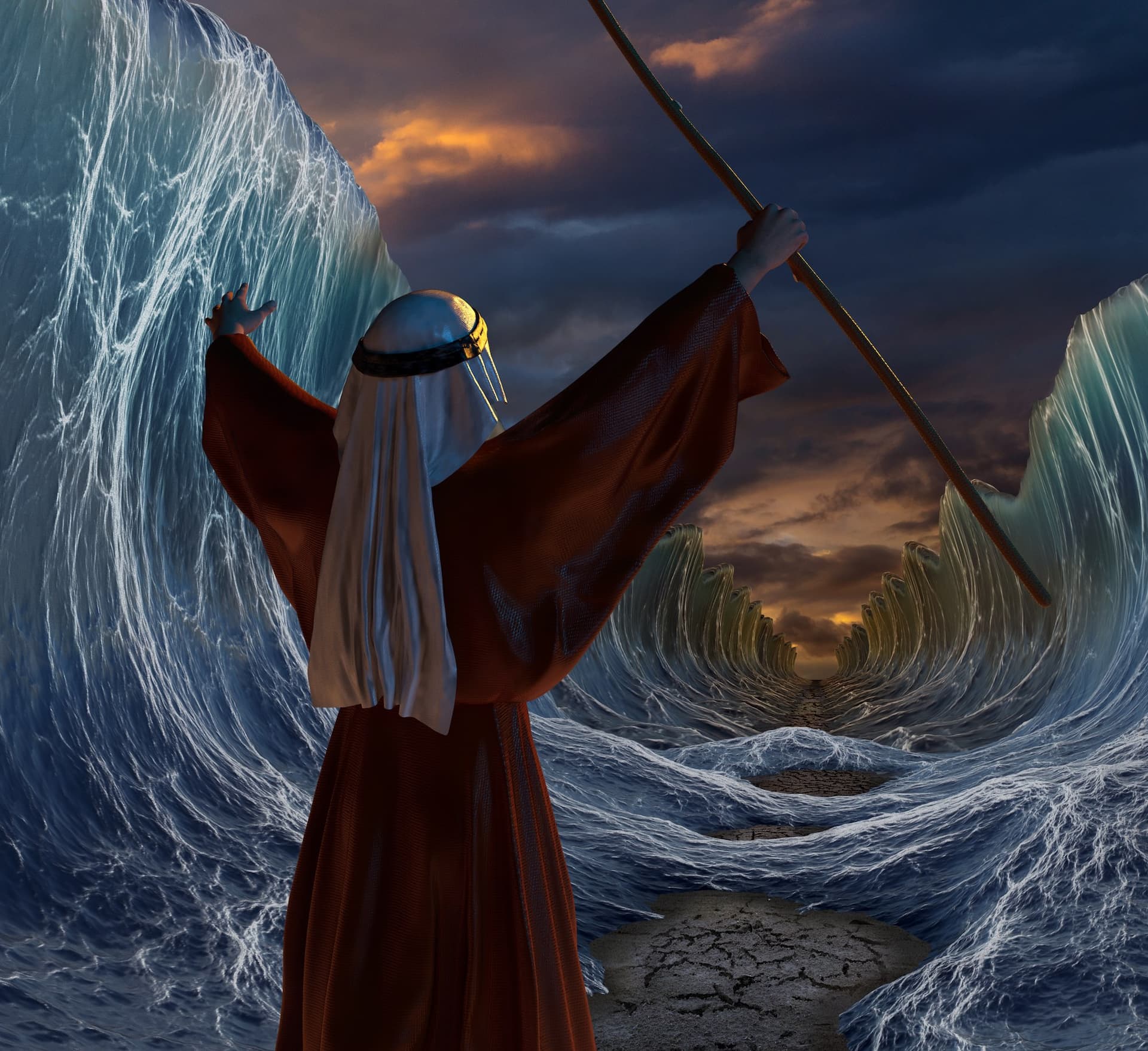 rendering of man (moses) parting the Red Sea