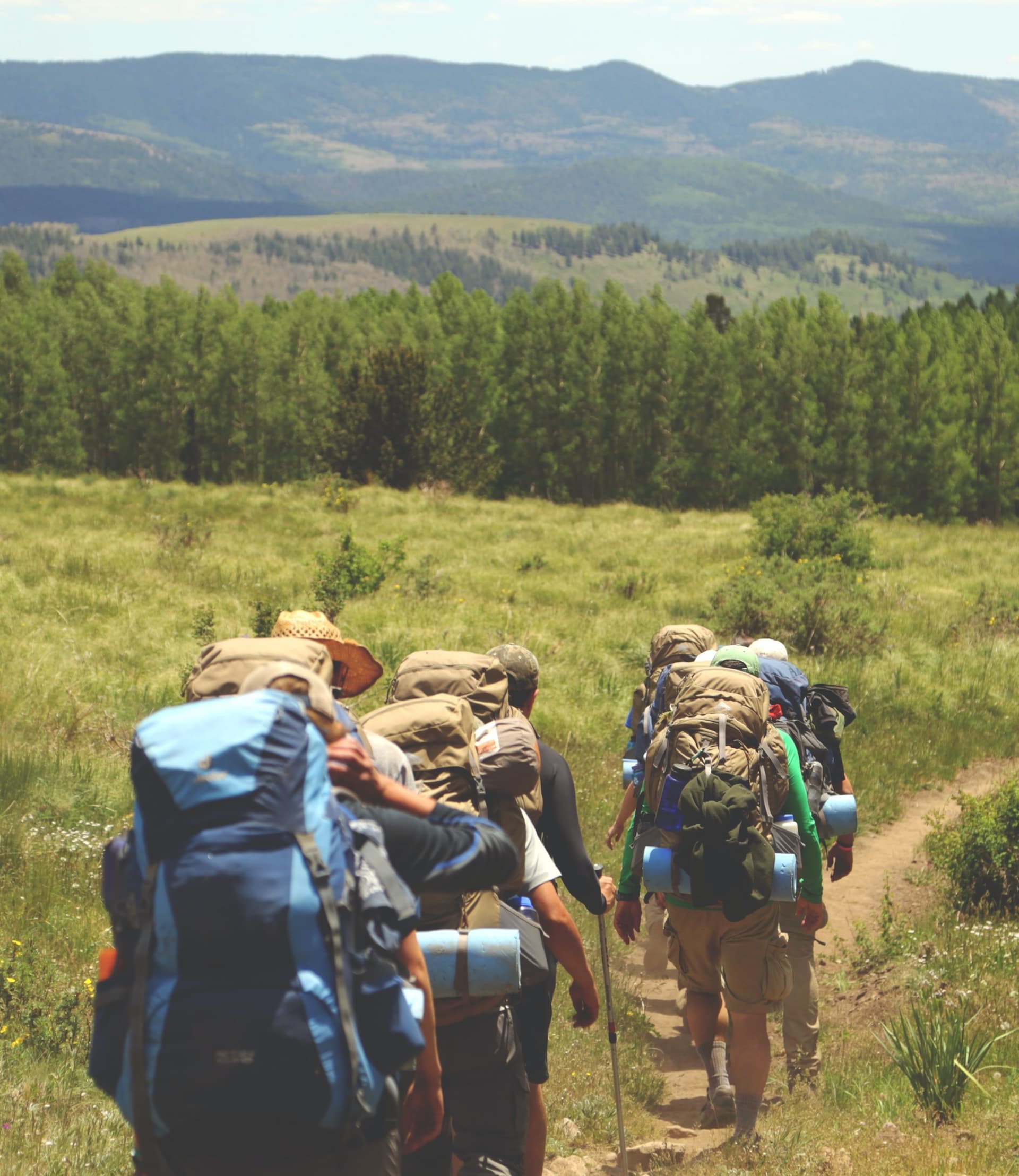 people with camping backpacks on walking down a dirt trail in a clearing
