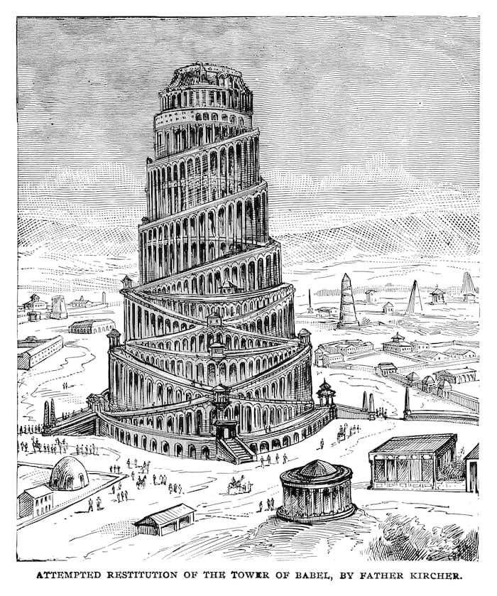 Attempted restitution of the tower of Babel by Father Kircher - Scanned 1890 Engraving