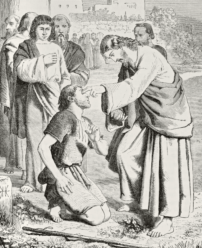 Biblical engraving depicting Jesus healing the blind man, Gospels (1873)