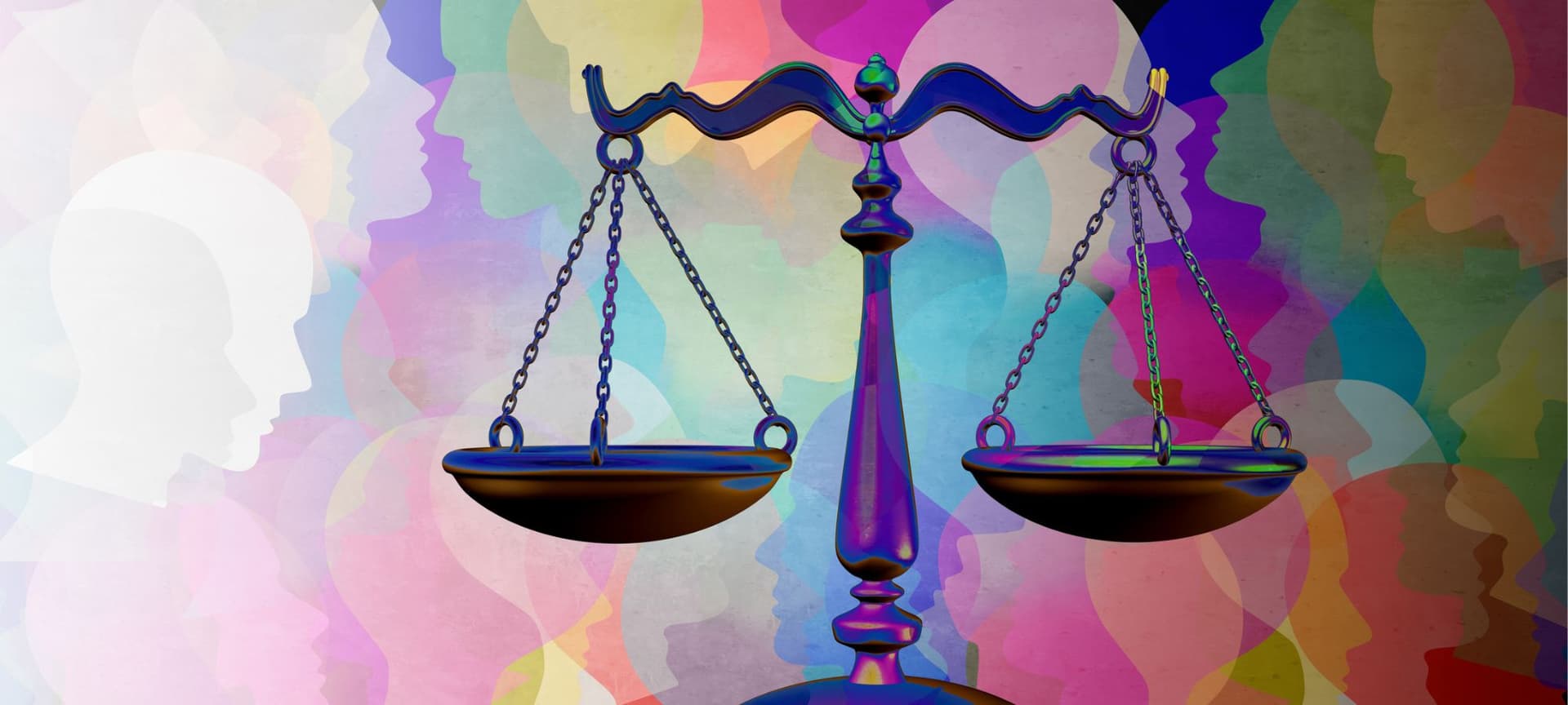 Scales of justice surrounded by diverse people