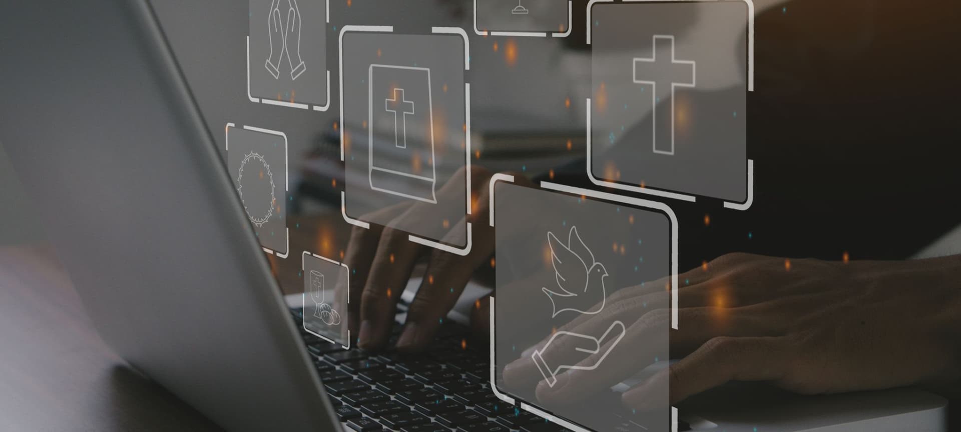 Image of person typing on laptop overlaid with digital icons of praying hands, cross and others