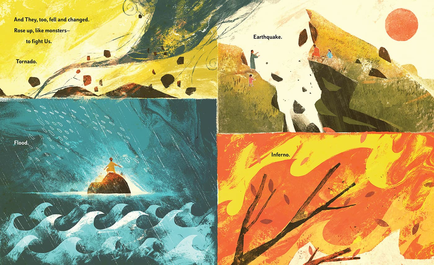 An illustrated page from THE STORY OF US showing various aspects of nature that were broken after the fall,