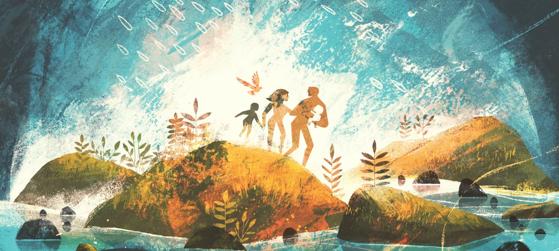 Front cover or THE STORY OF US book. A colorful depiction of Adam and Eve in the Garden of Eden