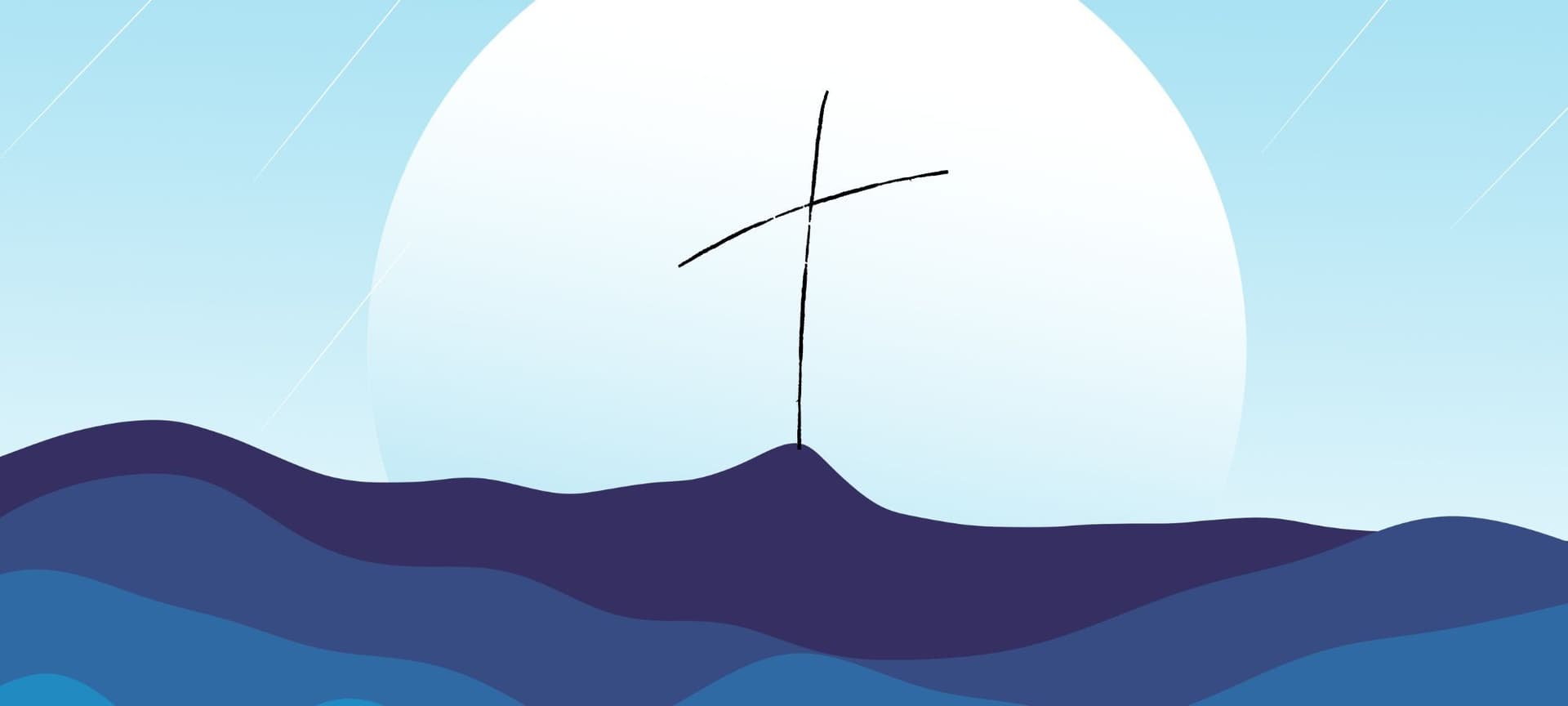 Digital image of ocean waves and cross in distant horizon in front of sun