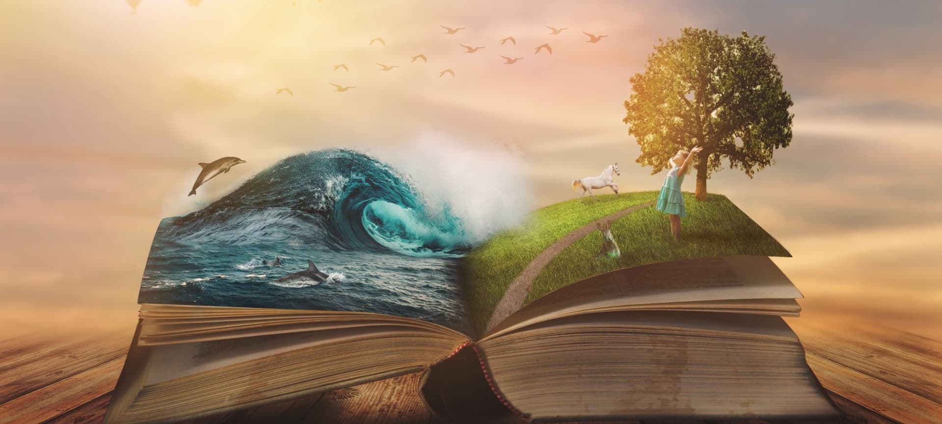 An open book with imaginative and playful elements of nature, like the ocean, animals and plants coming alive from its pages