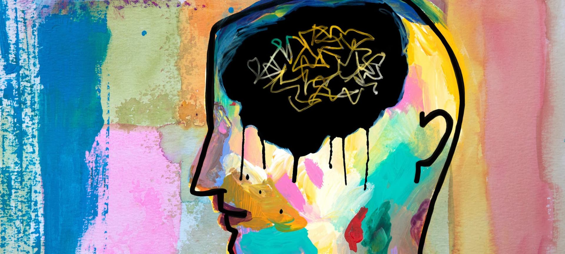 Artistic illustration of person with anxiety. Black Cloud in brain filled with scribbles.