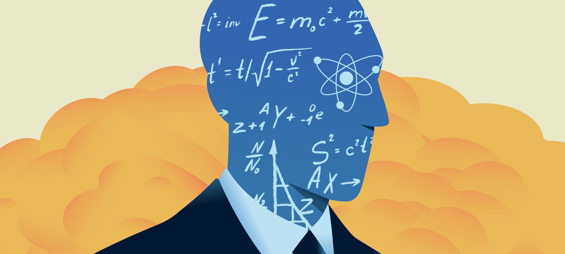 Graphic illustrating side profile of person with math equations covering face