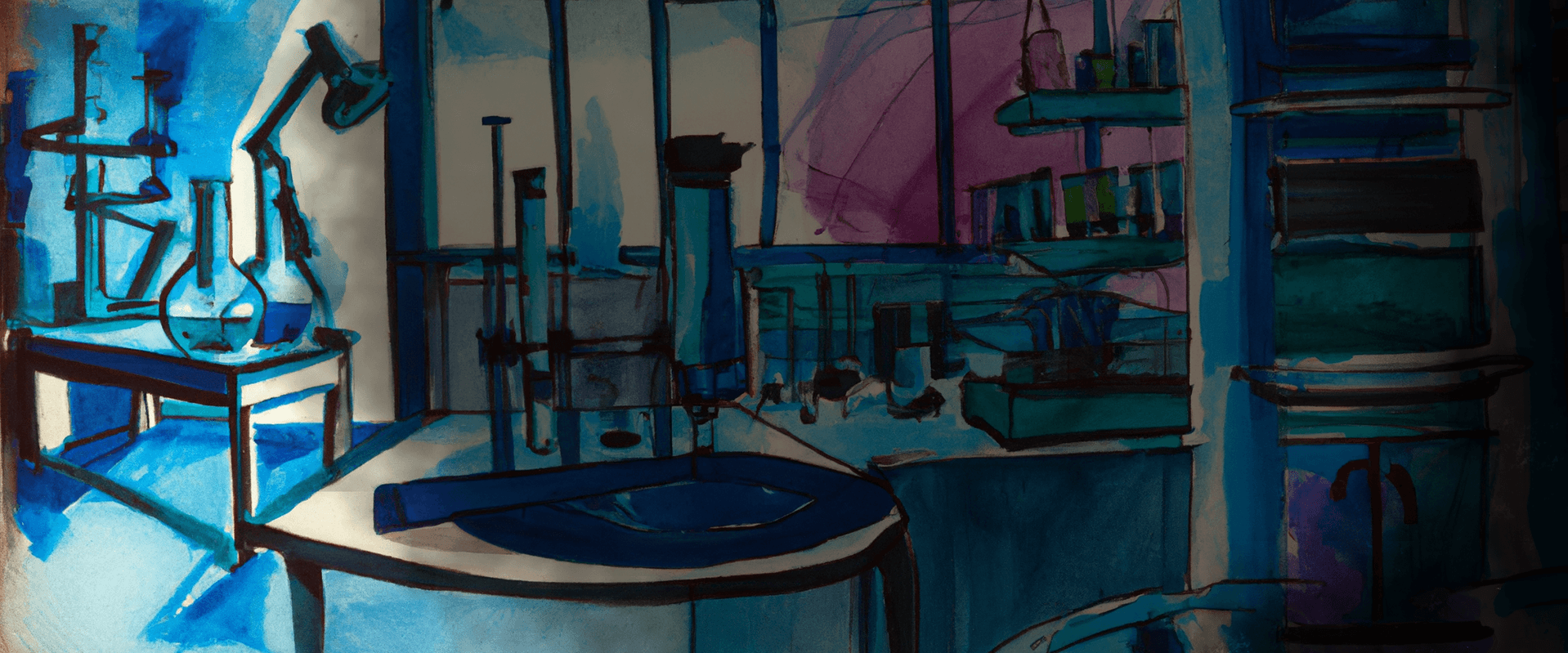 abstract watercolor of science lab merging to darkness