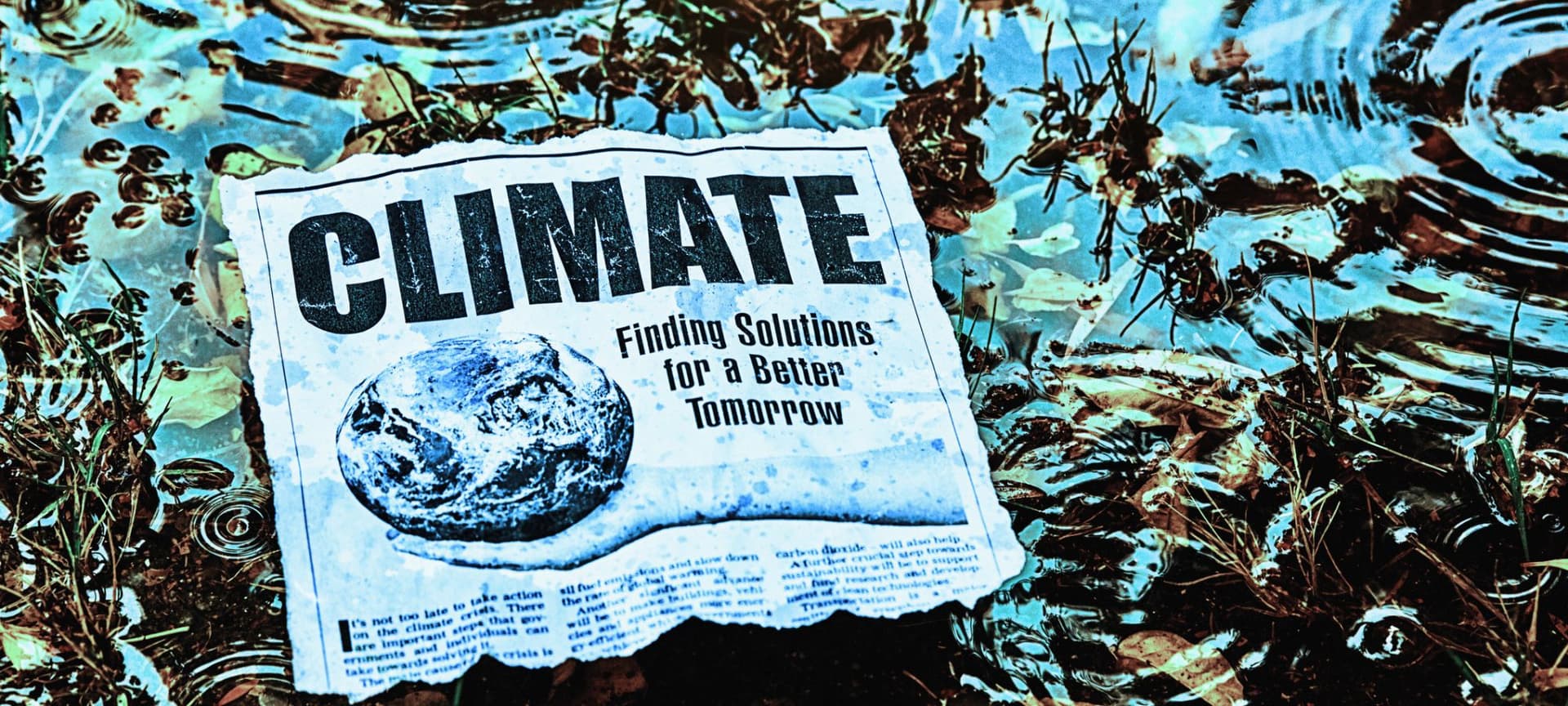 a newspaper clipping with a headline on climate change floating on top of water