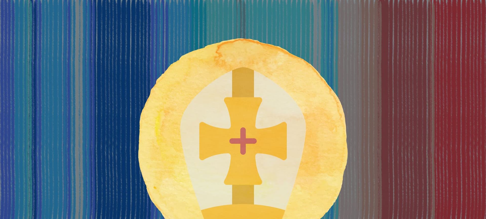 A pope hat overlayed on top of the sun and climate stripes