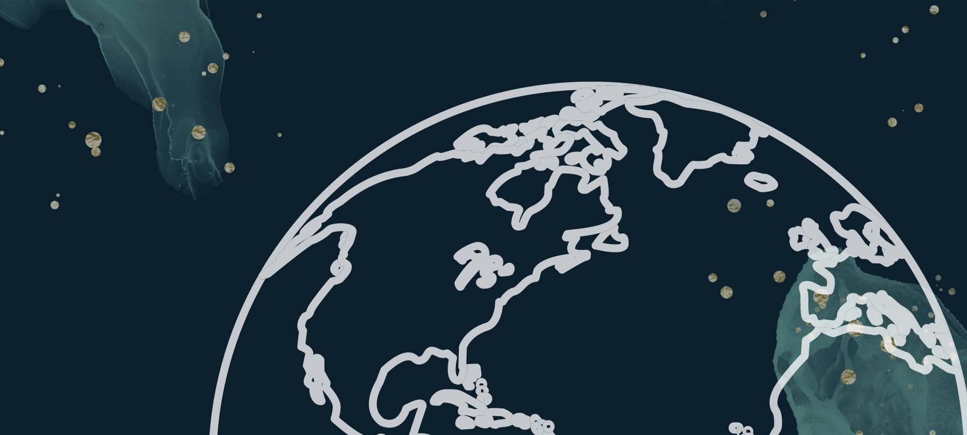 Artistic colorful background with green and dark tones overlayed with map of the world