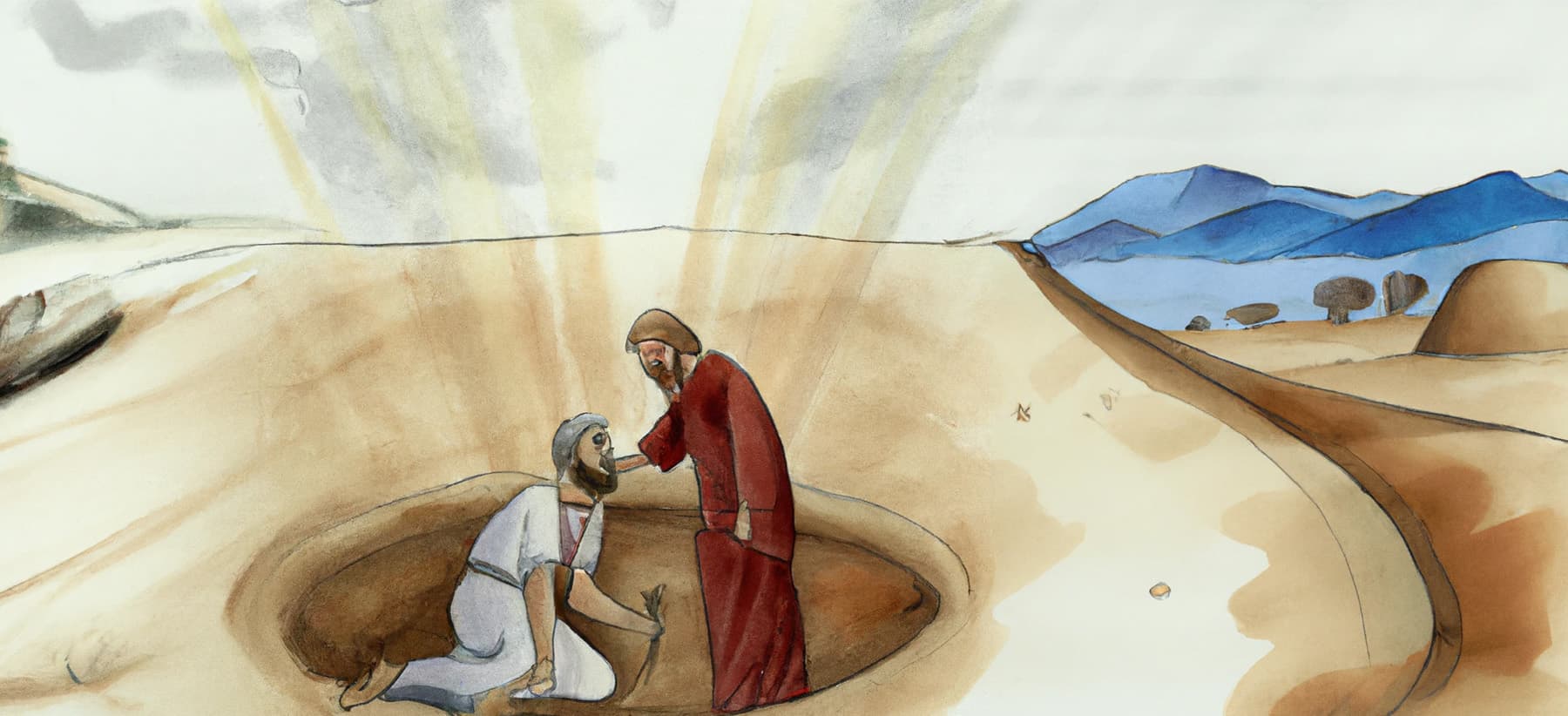 Watercolor rendering of good samaritan helping man in desert
