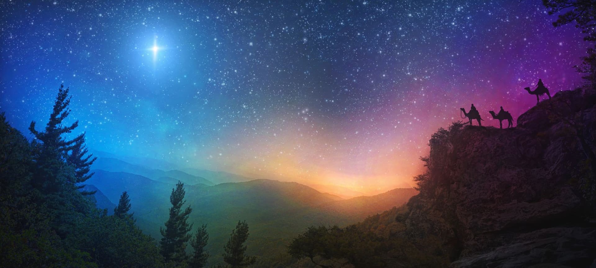 Colorful night sky with bright Bethlehem "star" breaking through and wise men on camels in a distance
