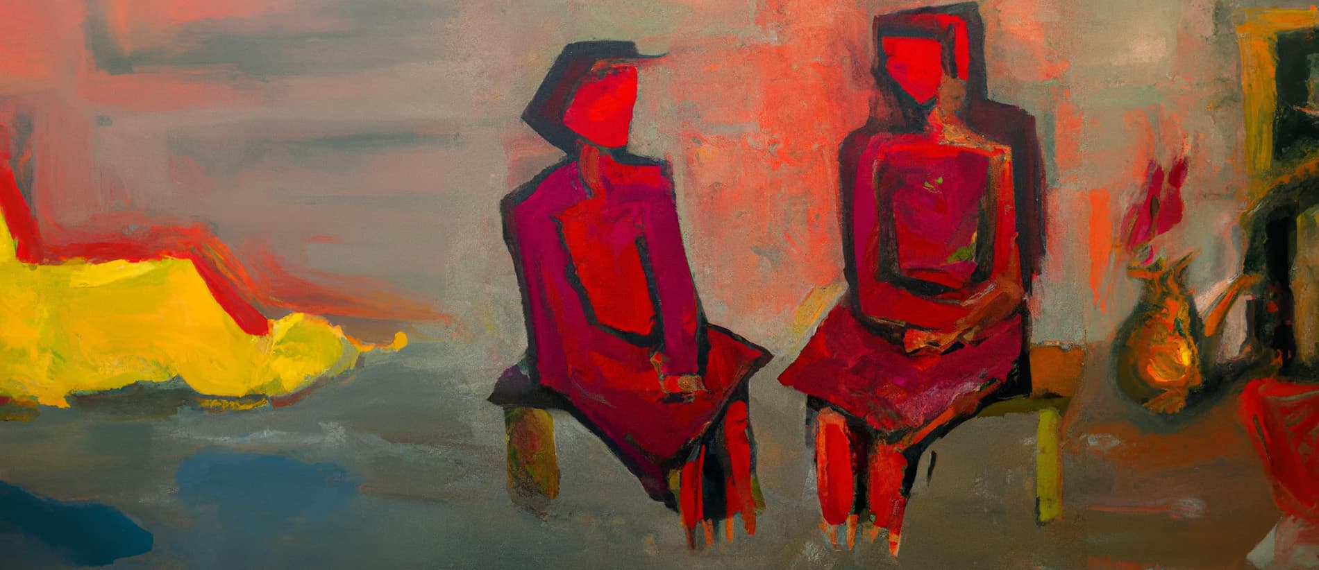 Abstract painting of people sitting near each other