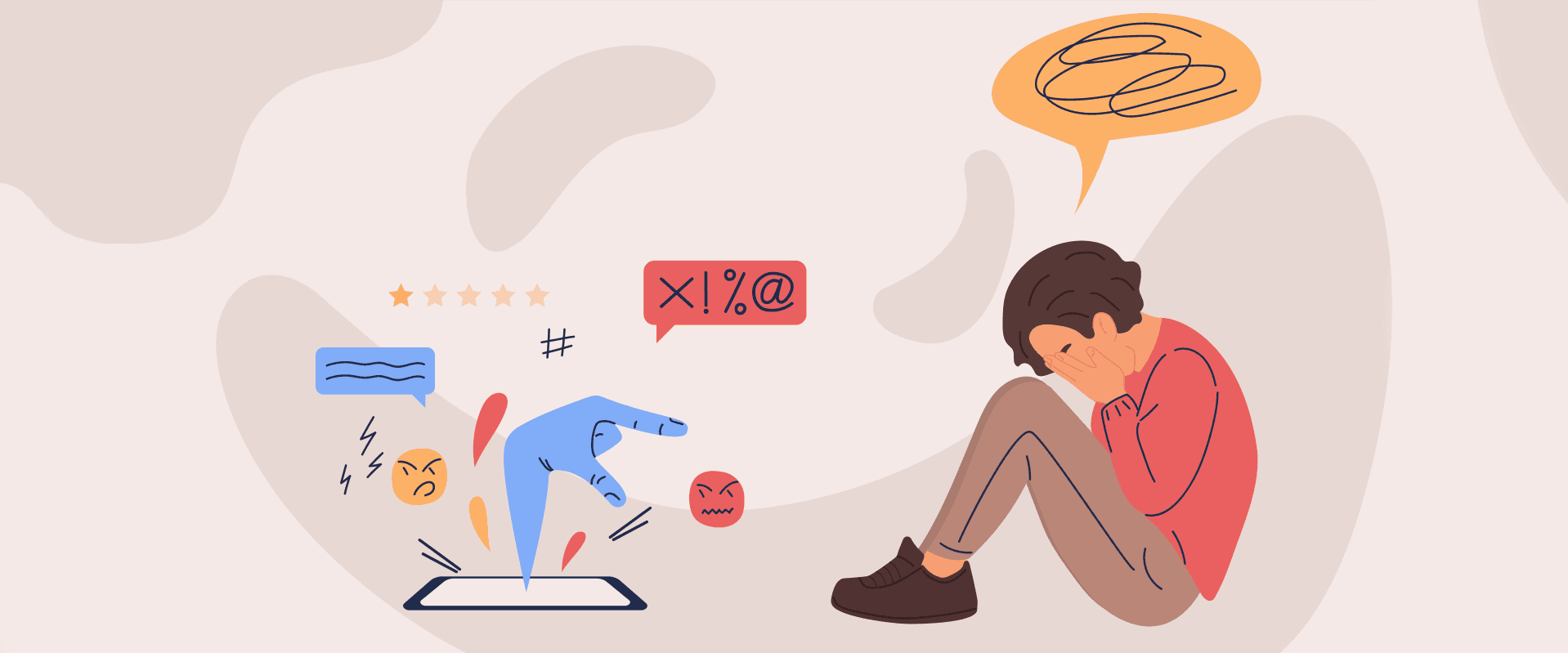 graphic of person with head in hands in front of computer showing many messages