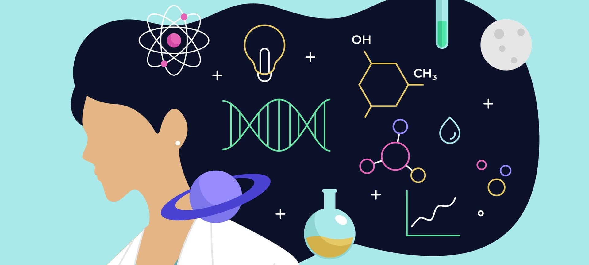 Cartoon digital image of woman side profile with long flowing dark hair, over layed with science art, from colorful DNA helices to structures of atoms and molecules and plus signs that look like crosses