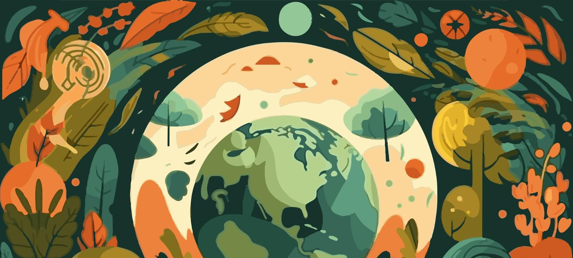 Colorful artistic rendering of the earth surrounded by elements of nature, from plants and trees