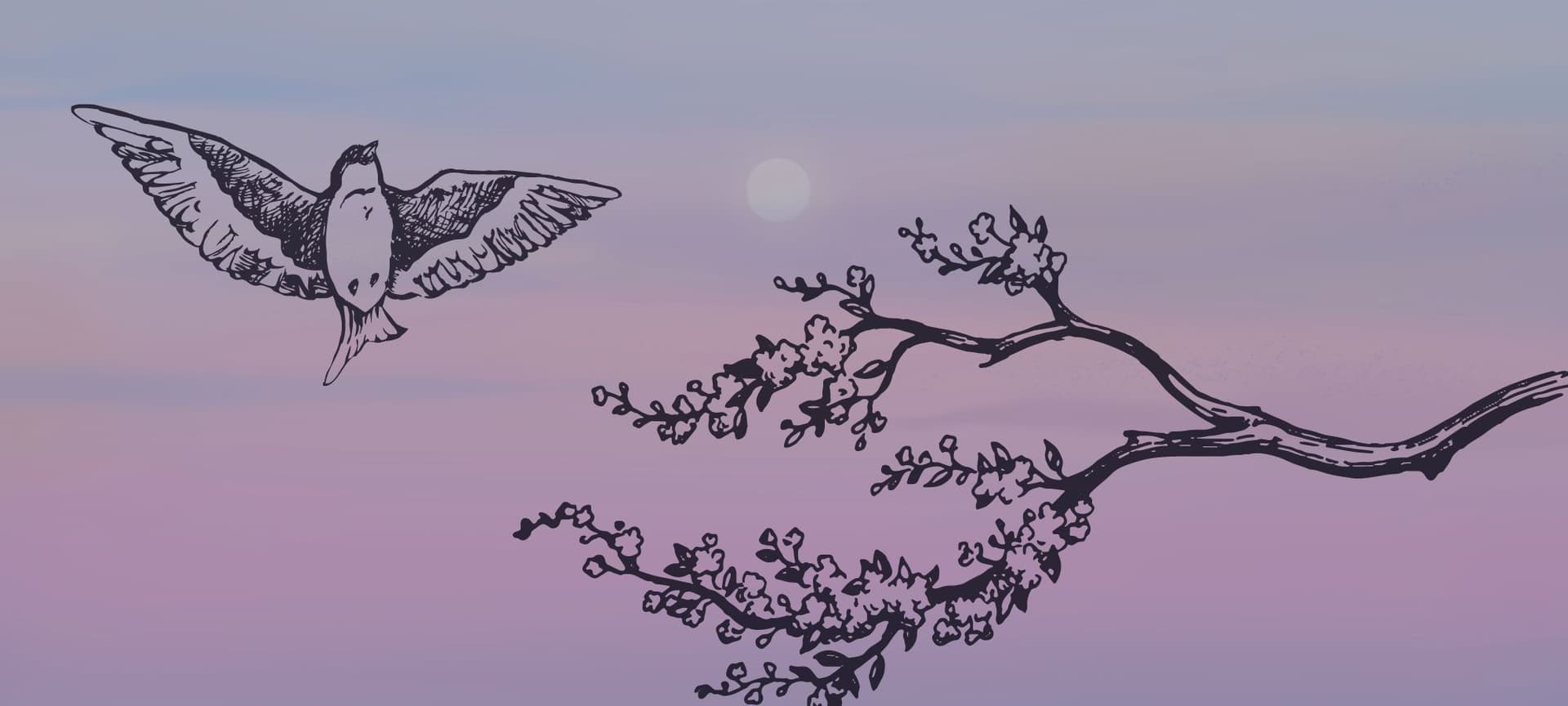 Digital image of tree branch and bird flying in a beautiful sundown sky lit with muted tones of purple and blue