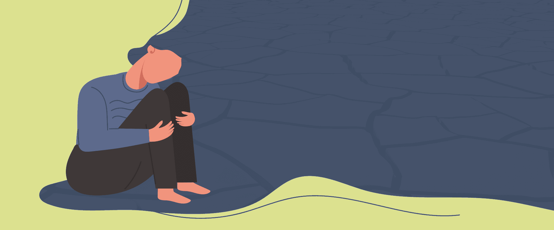 illustration of woman in sad posture with abstract blue flowing hair and yellow background