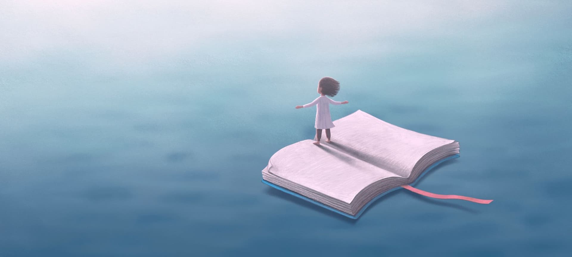 A very imaginative cartoon illustration of a person standing on a book that is floating in water.