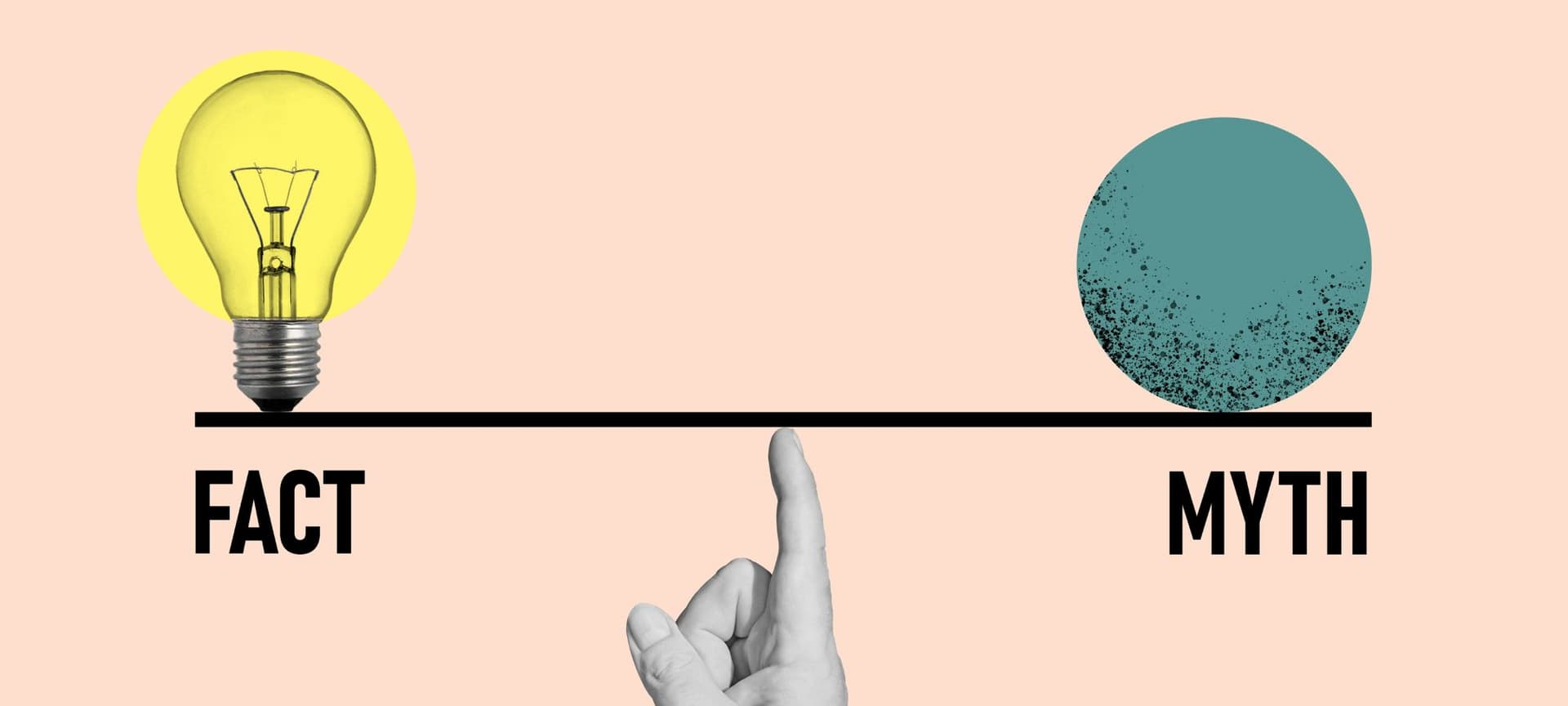 An illustration of fact vs. myth, showing a simple black line that resembles a seesaw balanced by a pointing finger