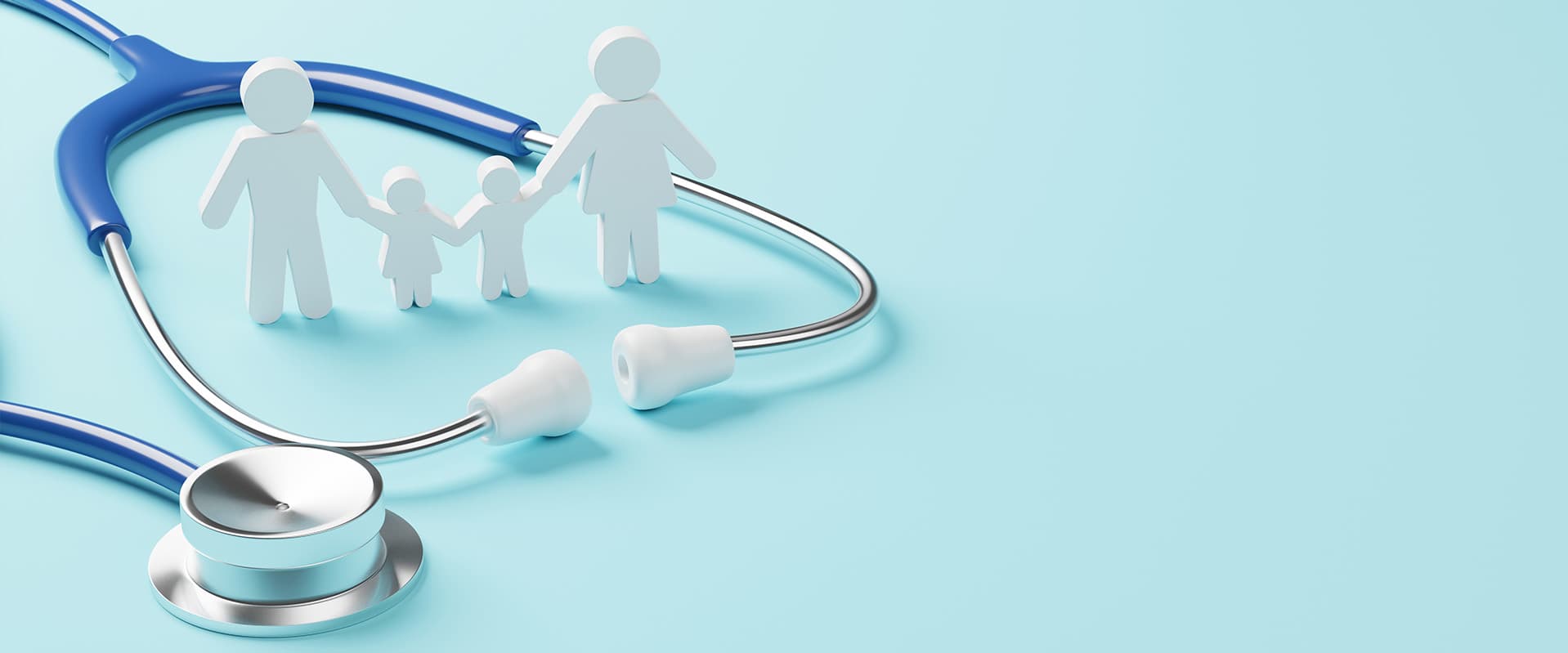 Stethoscope with icon of family holding hands on blue background