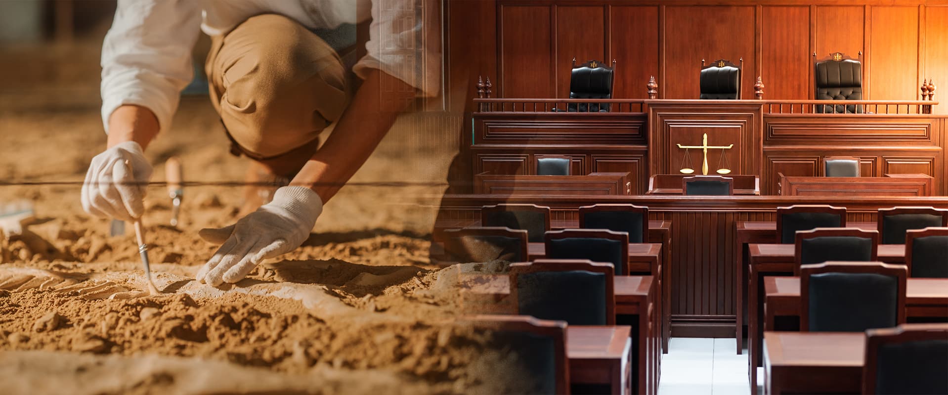 Paleontologist digging on left fading to an empty courtroom on right