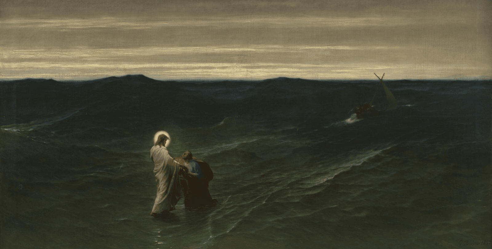 Gustave Brion's 1863 painting, "Jesus and Peter on the Water." Jesus, pictured with a halo around his head, holds up Peter, who is partially submerged in a roaring sea. A boat is pictured a distance away.