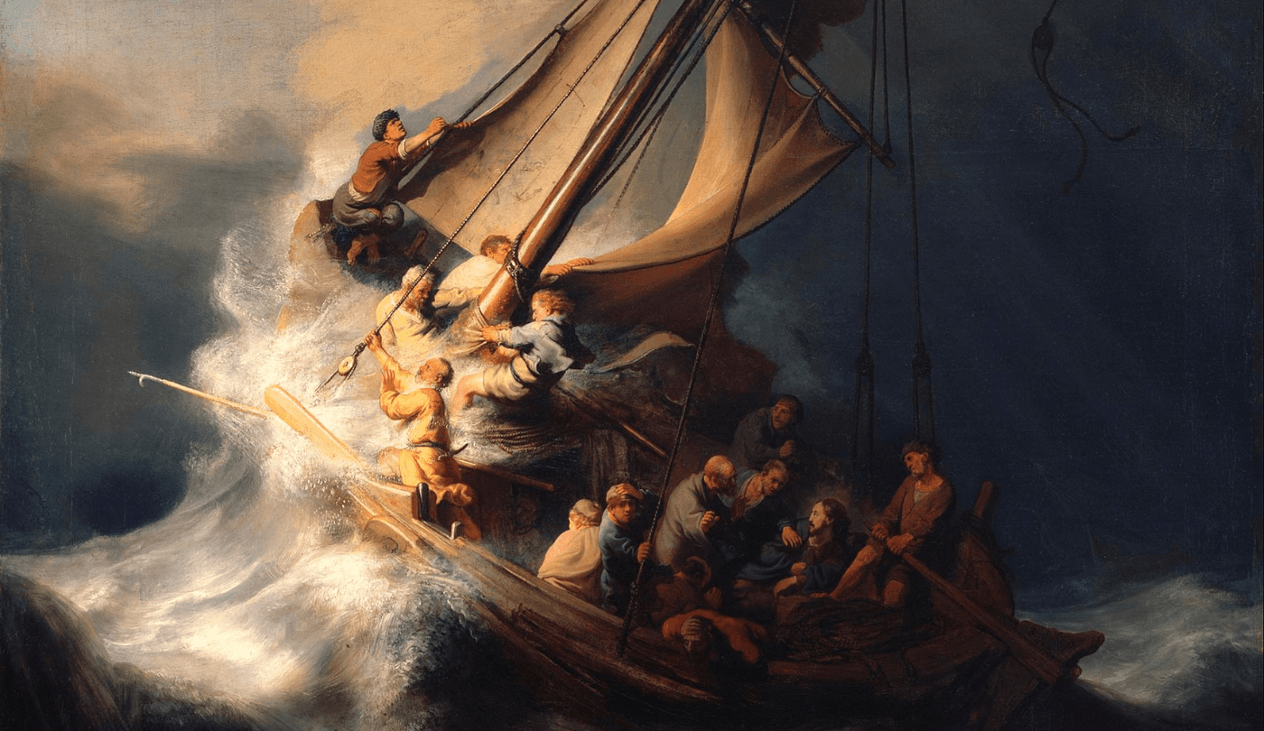 1633 painting by Rembrnandt portraying Jesus calming the storm on the Sea of Galilee.