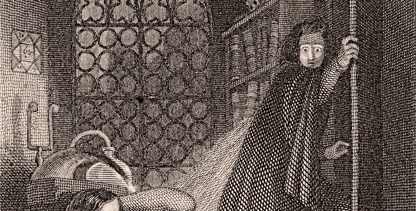 In an 1831 illustration, Dr. Frankenstein recoils at the sight of his monster.