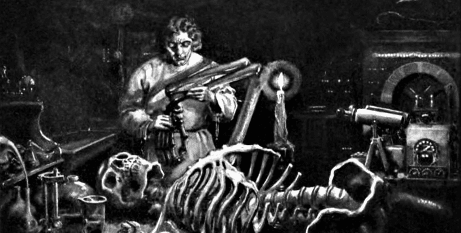 Dr. Frankenstein works in a laboratory illuminated by a single candle. A skeleton lies in front of him.