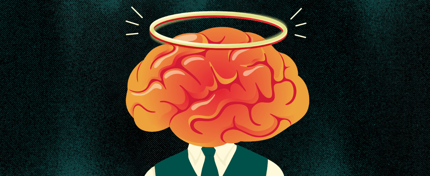 Illustration of a brain, with halo above it, superimposed on a person's body. The person wears a suit, dress shirt and vest.