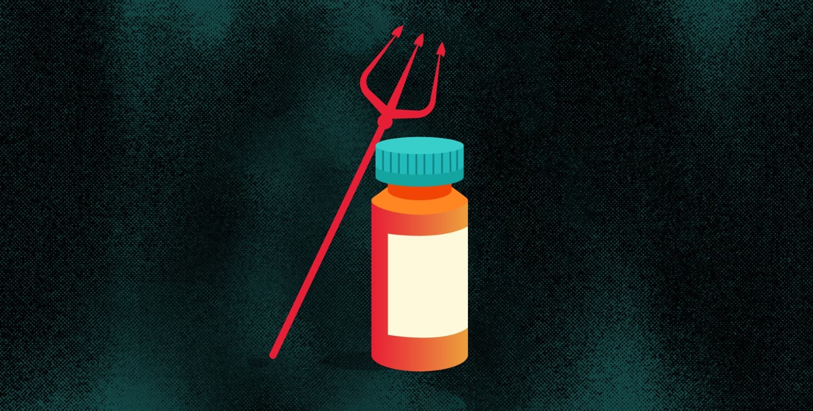 Illustration of a red pitchfork leaning against a pill bottle.