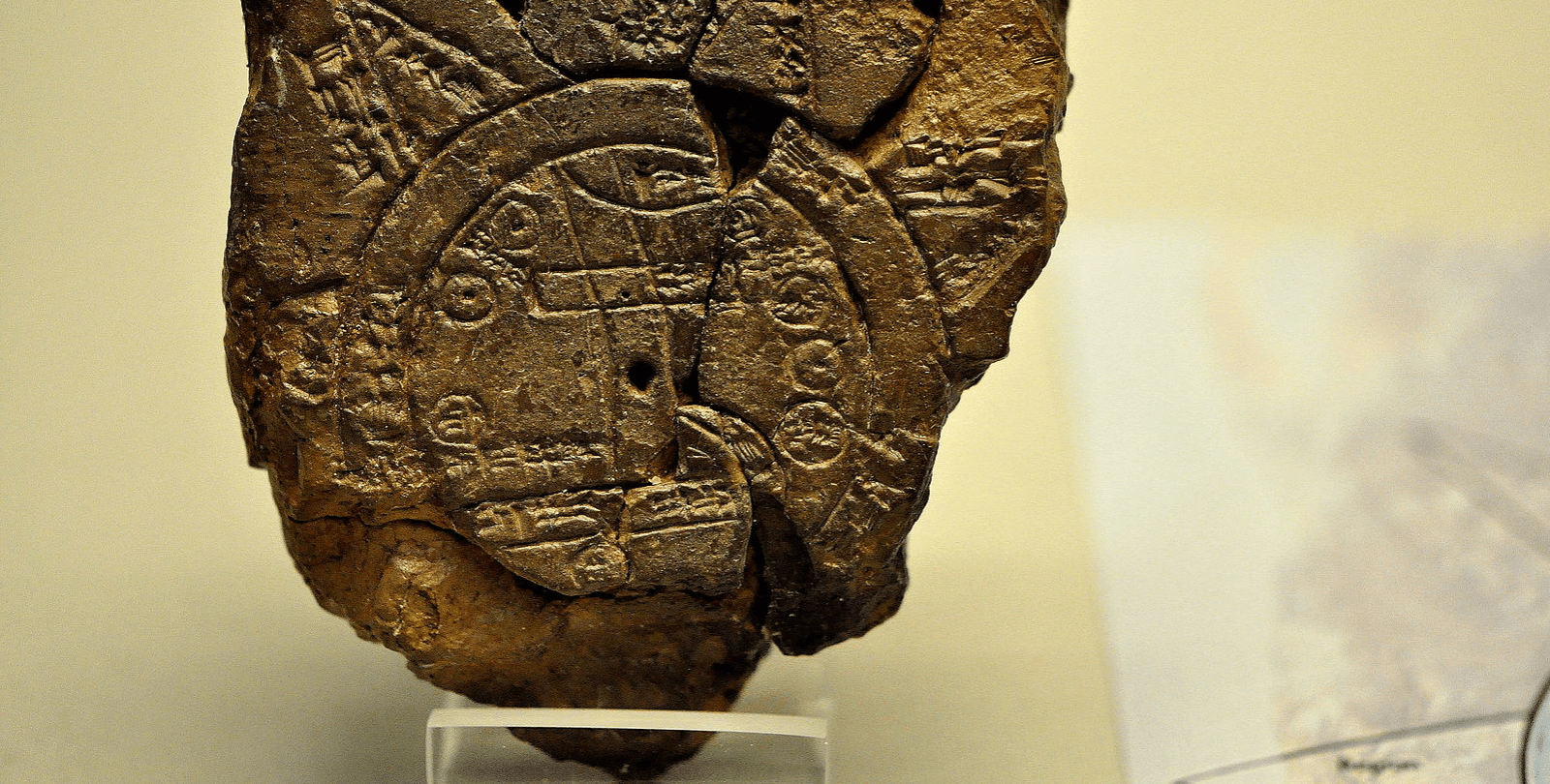 A sixth century BCE Babylonian map of the world. A clay tablet inscribed with a world map.