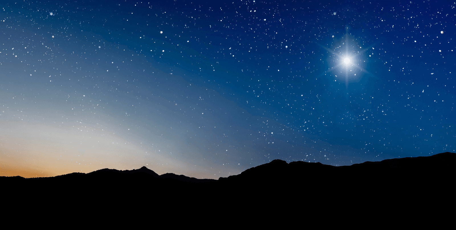 The Star of Bethlehem shines in the sky. Shadows of a mountain are below it.