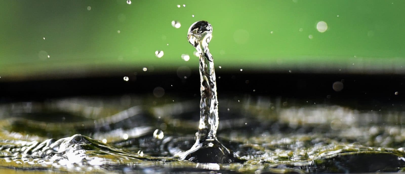 Close-up photo of a drop of water landing in a bowl of water, causing droplets to spread into the air.