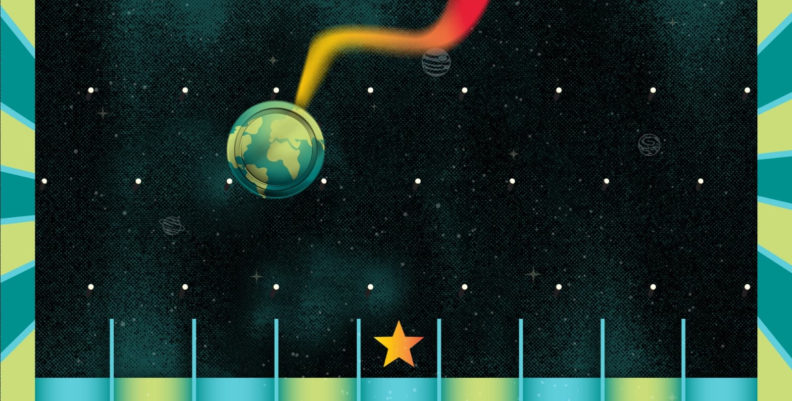 Illustration. Earth is a plinko chip, bouncing on pegs toward slots at the bottom of the image.