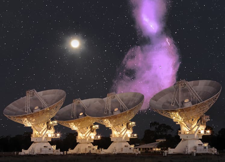 A galaxy in the centaurus constellation superimposed over a backdrop of stars, the moon and radio telescopes