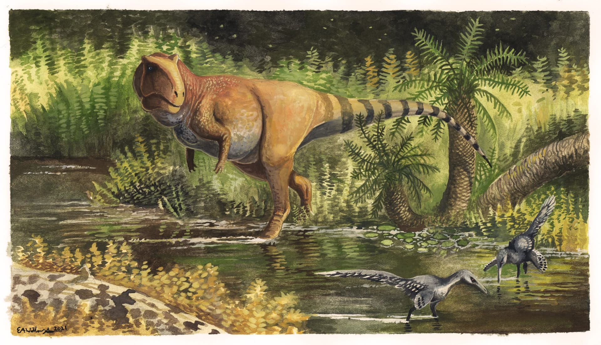 Large dinosaur walking through pond