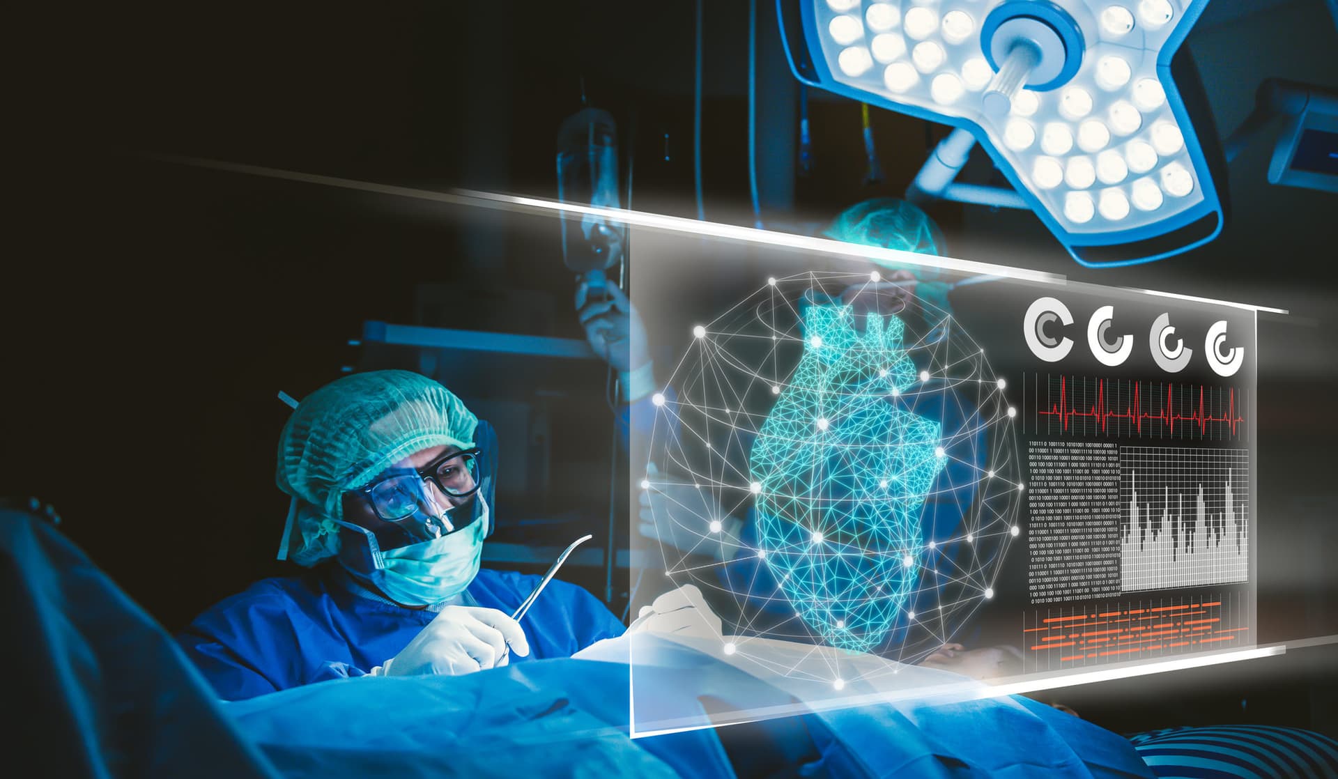 doctor using futuristic virtual reality technology during heart surgery on a patient