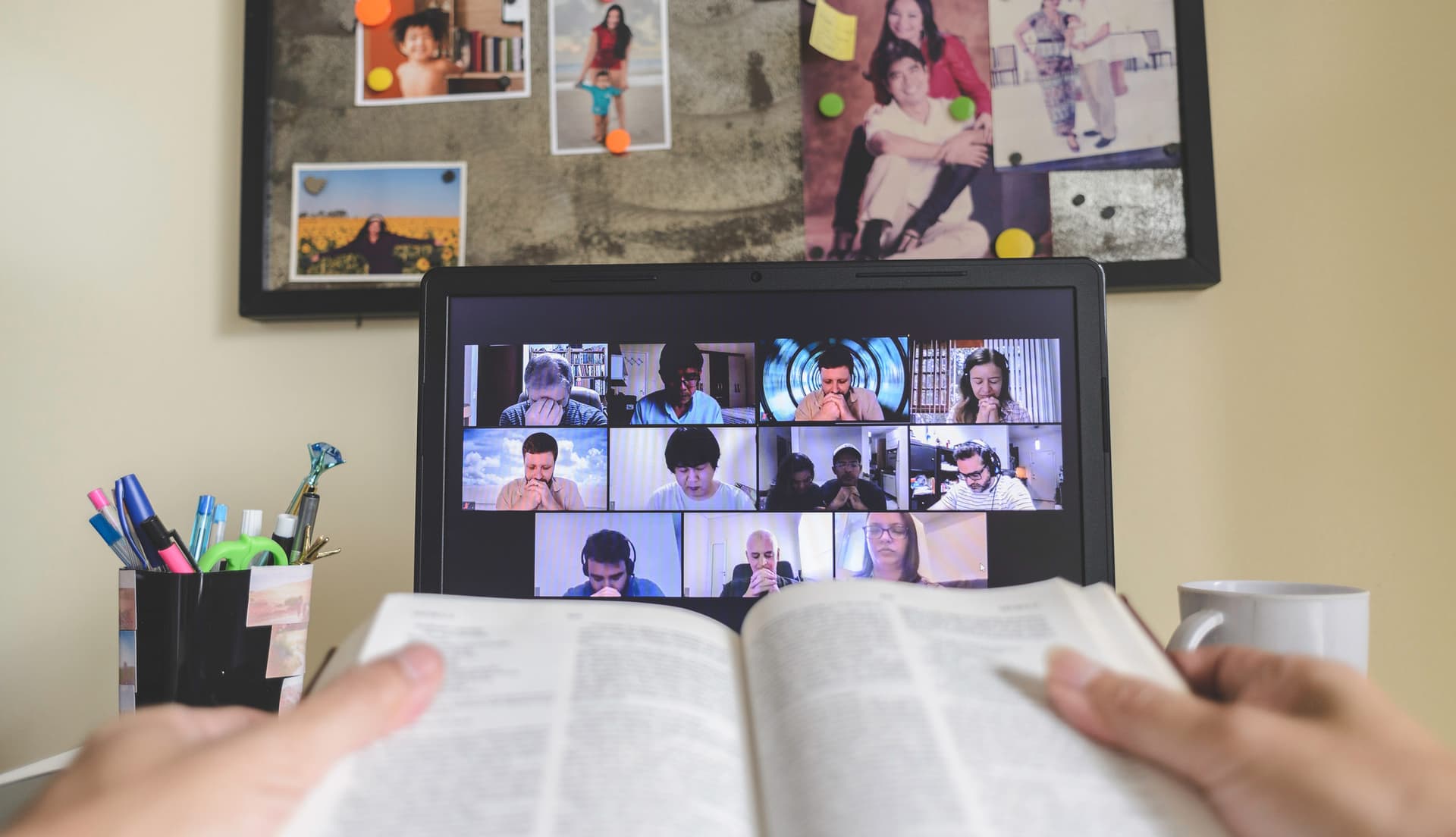 Bible study gathering over Zoom, digital conferencing platform