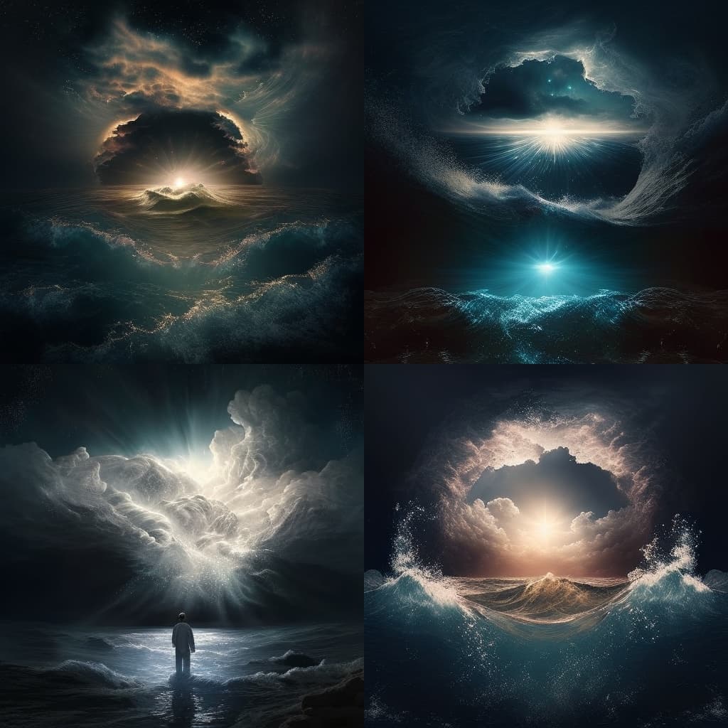 Four different images of how AI imagines God' creating the heavens and the earth in Genesis 1. A light source breaks through clouds and water.