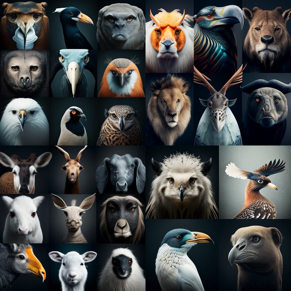 AI generated images of biodiversity of animals that come to life in Genesis 1 when God commands the earth to bring them forth. Animals are colorful and striking, ranging from bird-like to cattle-like in appearance.