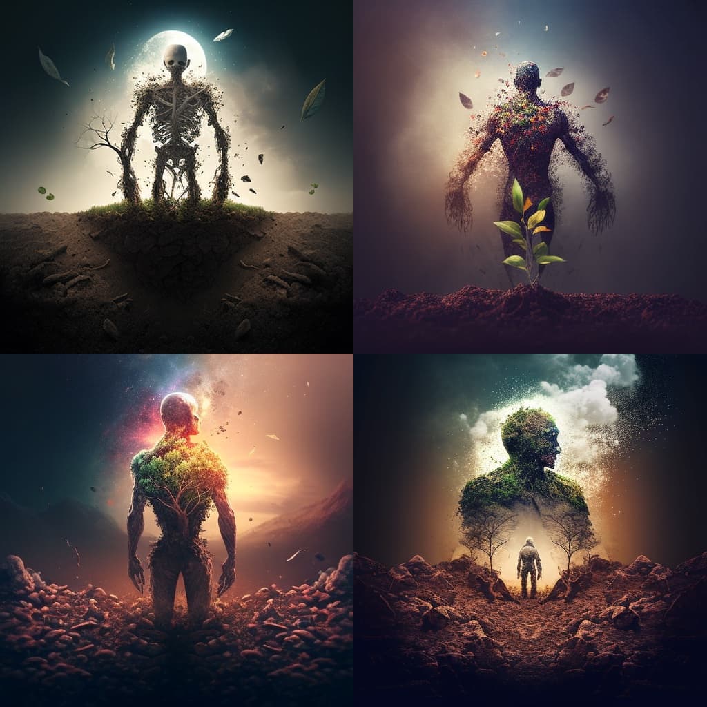 AI generated image of Genesis 2 where God makes humans and breathes life into them. Art style is haunting image of human shaped profile with artful mix evoking themes of both life and death with details visible like human skeleton and trees.