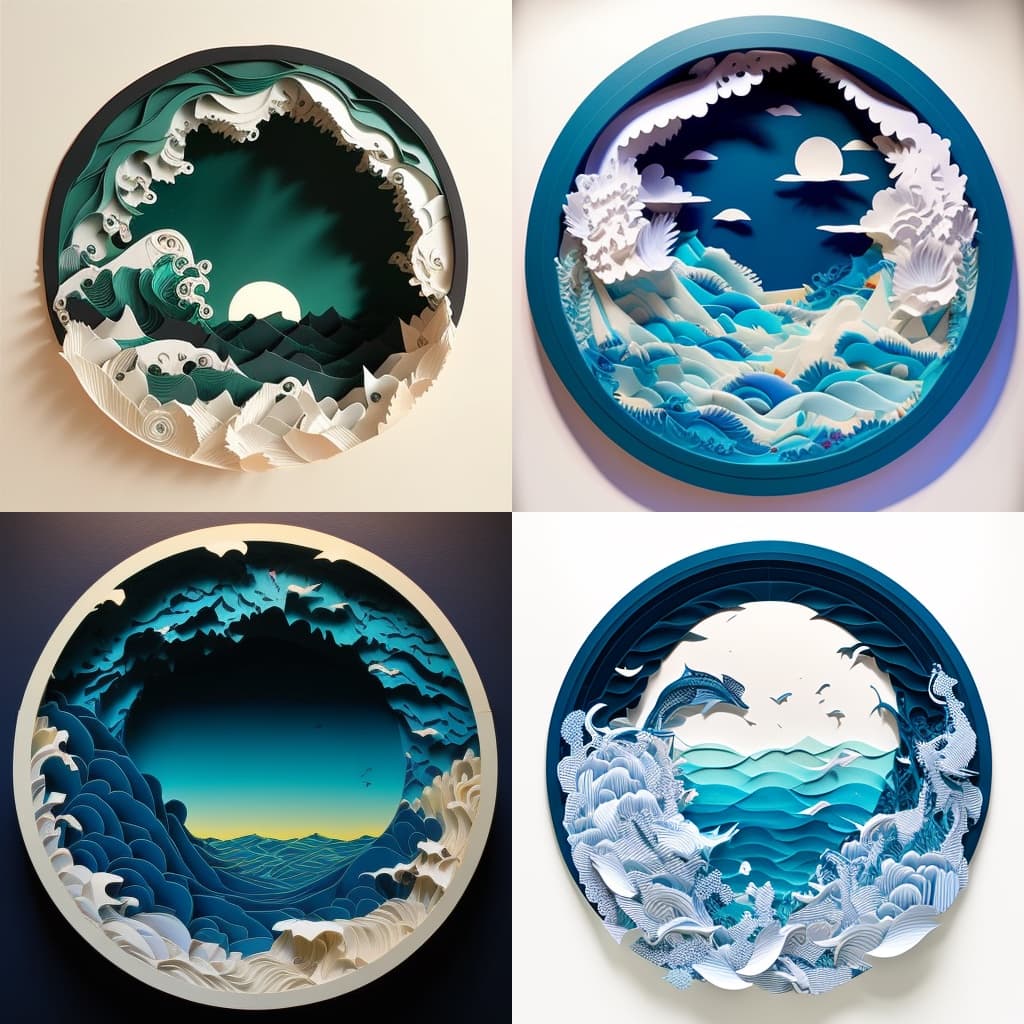 Four different images of how AI imagines God' creating the water and sky in Genesis 1 in a paper cut art style. Intricate blue and white paper shaped in a circle frames water and sky.