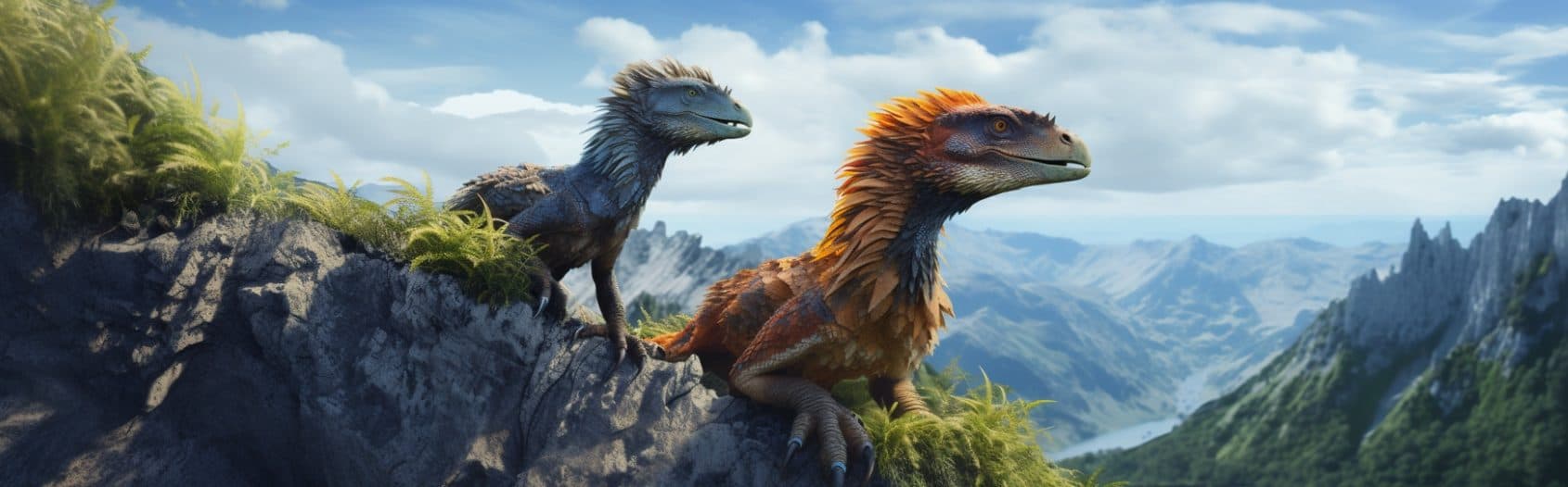 Two colorfully feathered raptors exploring luscious and mountainous terrain